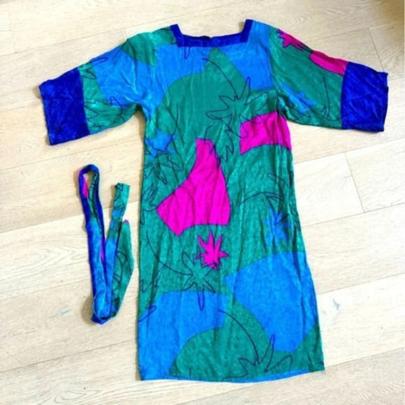 Flora Kung vibrant vivid 80’s/90’s vintage 100% silk dress with tie wrap size S - Picture 1 of 6